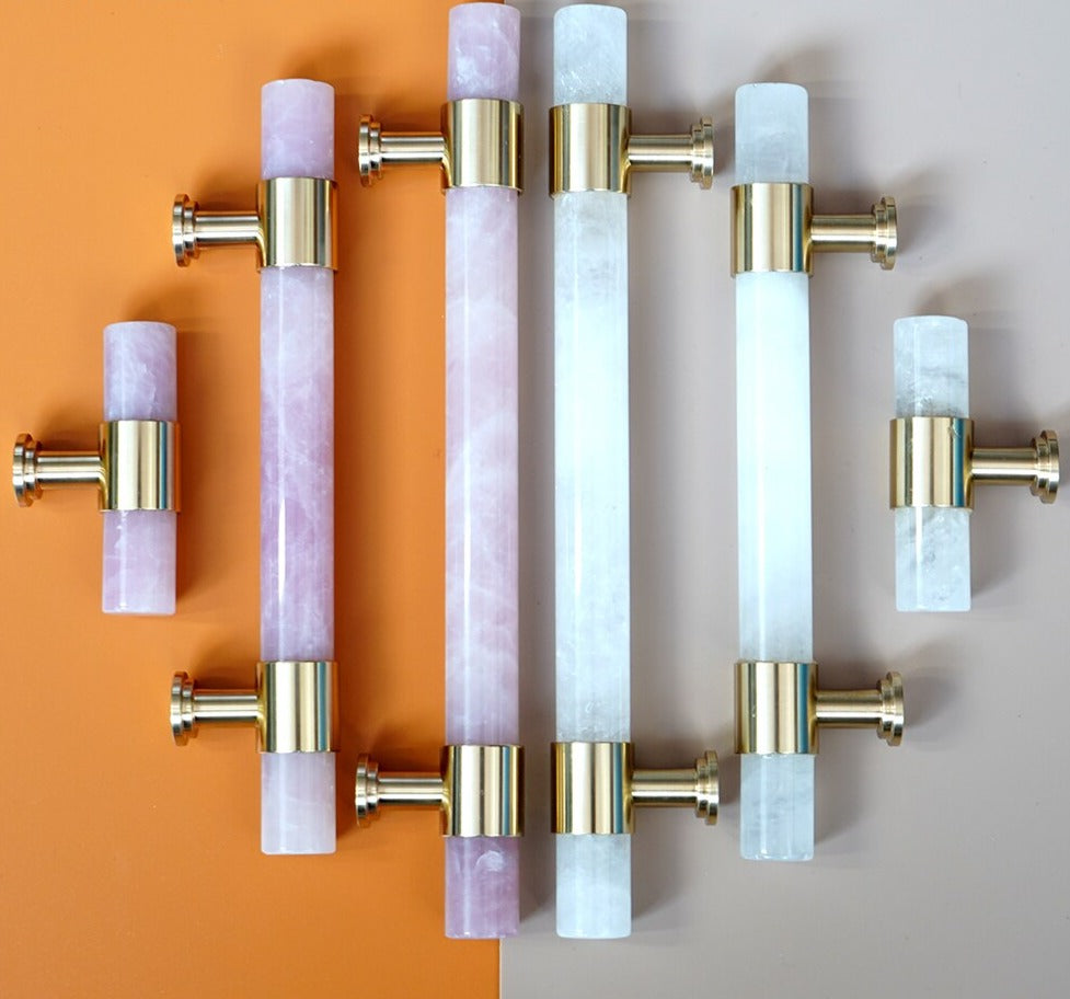 Layla Handle - Natural Marble/Crystal + brass T Handles Luxury
