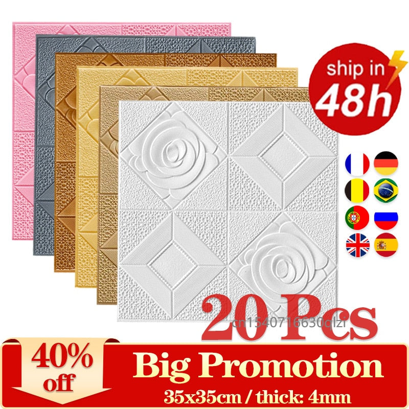 20Pcs Pattern Sticker Wall Panel 3D Foam Wallpaper Bedroom Living Room Decor