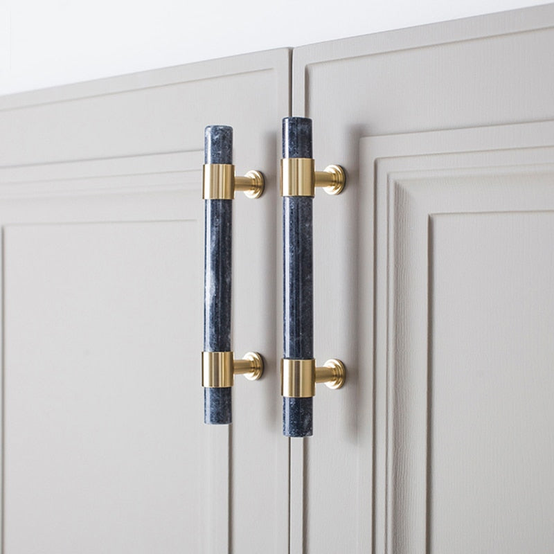 Layla Handle - Natural Marble/Crystal + brass T Handles Luxury