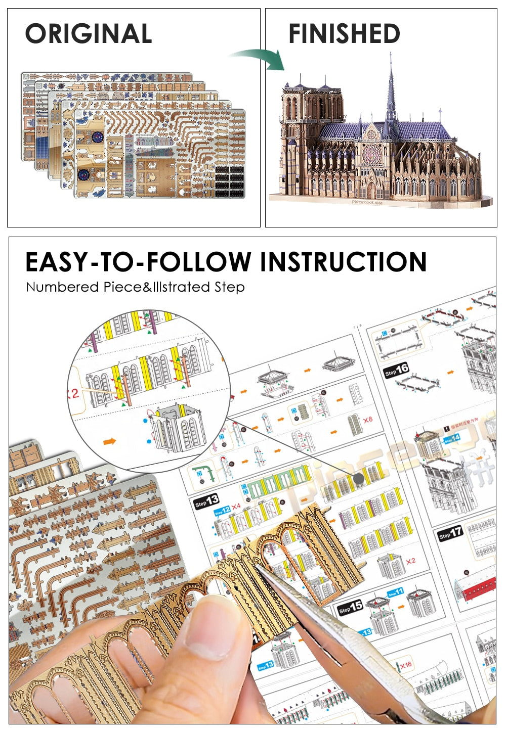 Piececool 3D Metal Puzzles Jigsaw, Notre Dame Cathedral Paris Model Building