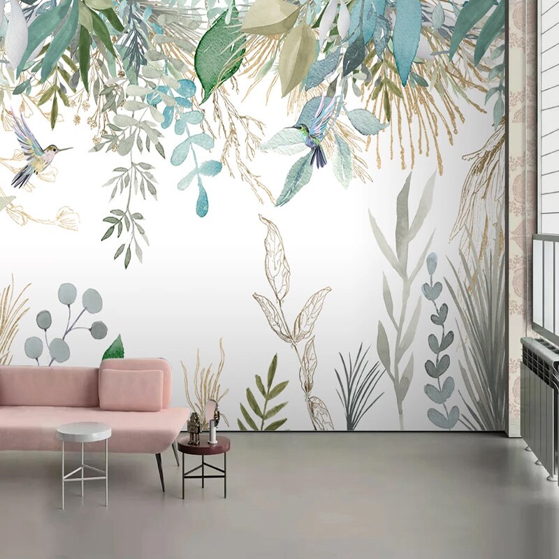 Photo Wallpaper Modern Hand-painted Tropical Plant Leaves Flowers
