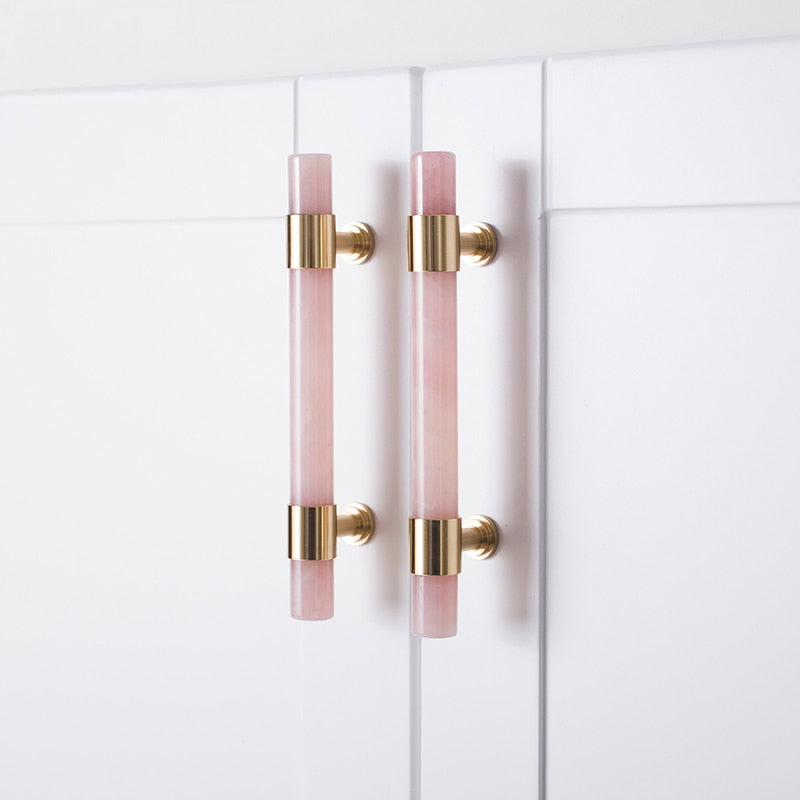 Layla Handle - Natural Marble/Crystal + brass T Handles Luxury