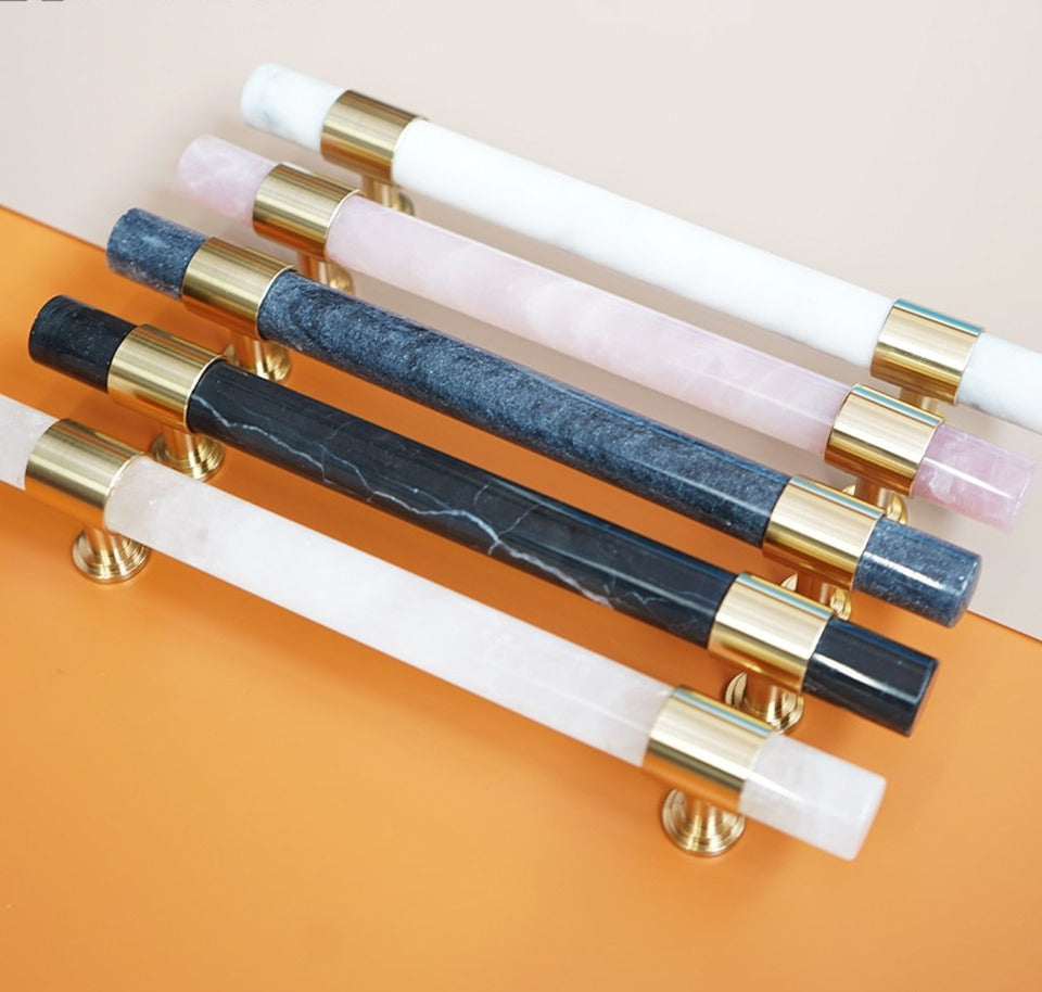 Layla Handle - Natural Marble/Crystal + brass T Handles Luxury