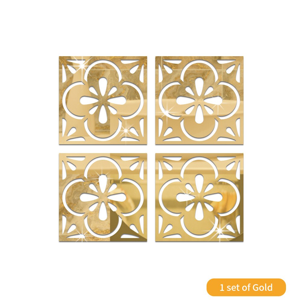 4Pcs Gold Flower 3D Mirror Wall Stickers Furniture Wallpaper Home Decor