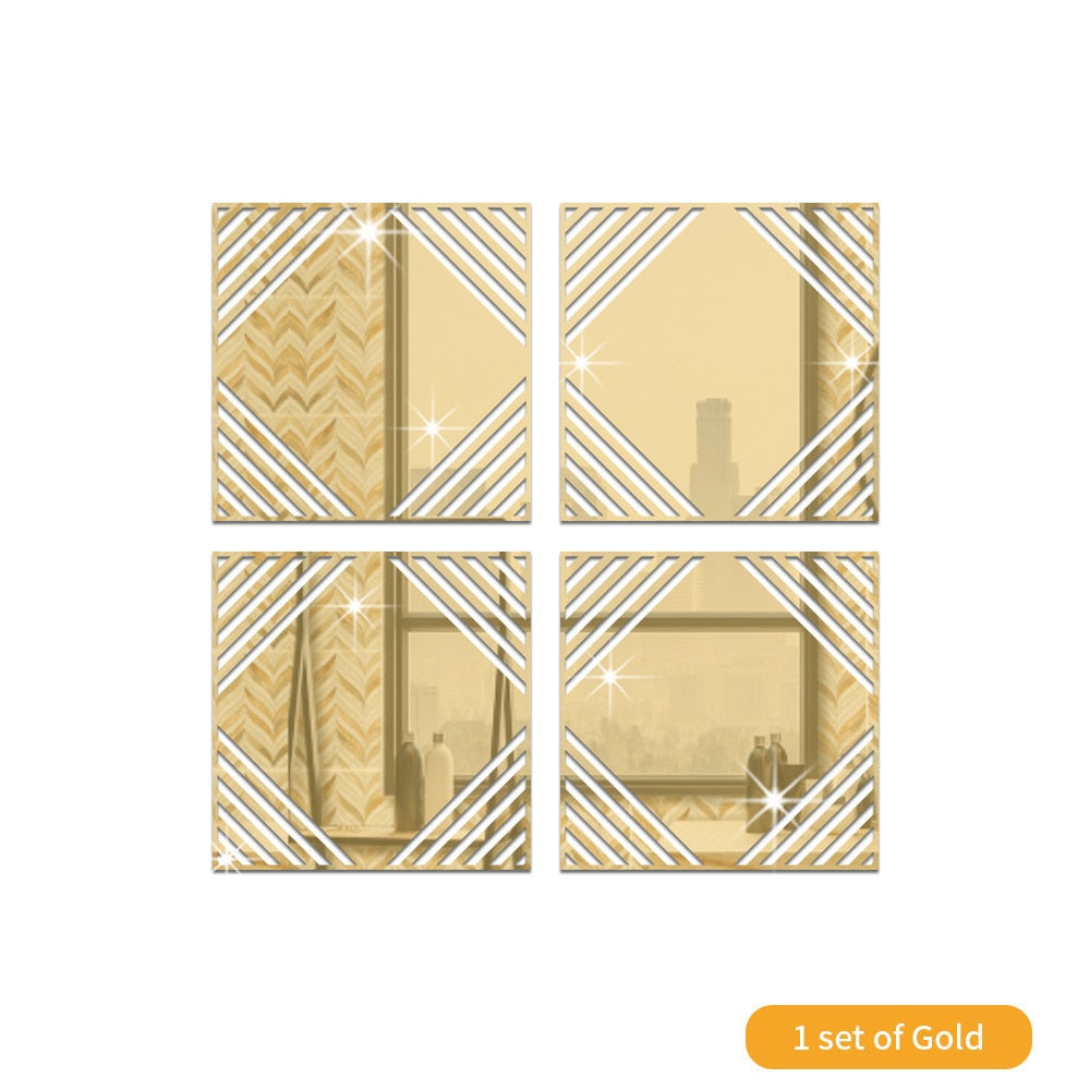 4Pcs Gold Flower 3D Mirror Wall Stickers Furniture Wallpaper Home Decor
