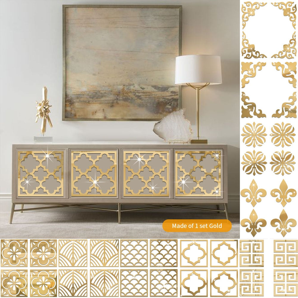 4Pcs Gold Flower 3D Mirror Wall Stickers Furniture Wallpaper Home Decor