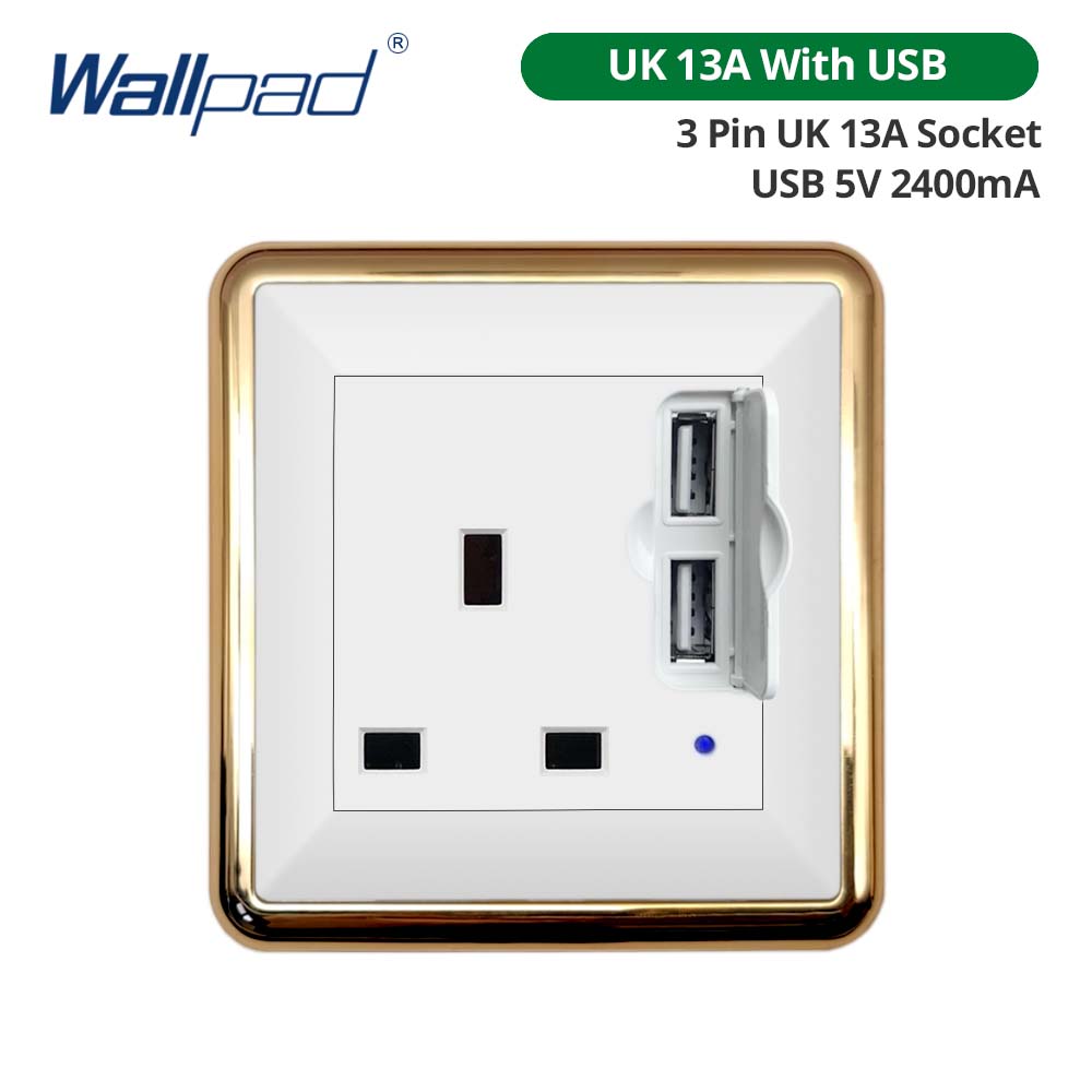 Jamil Wallpad White-Button Gold Border Wall EU UK Electrical Outlets And 1/2/3/4 Gang 1 2 3 Way Light Switches 110 220V