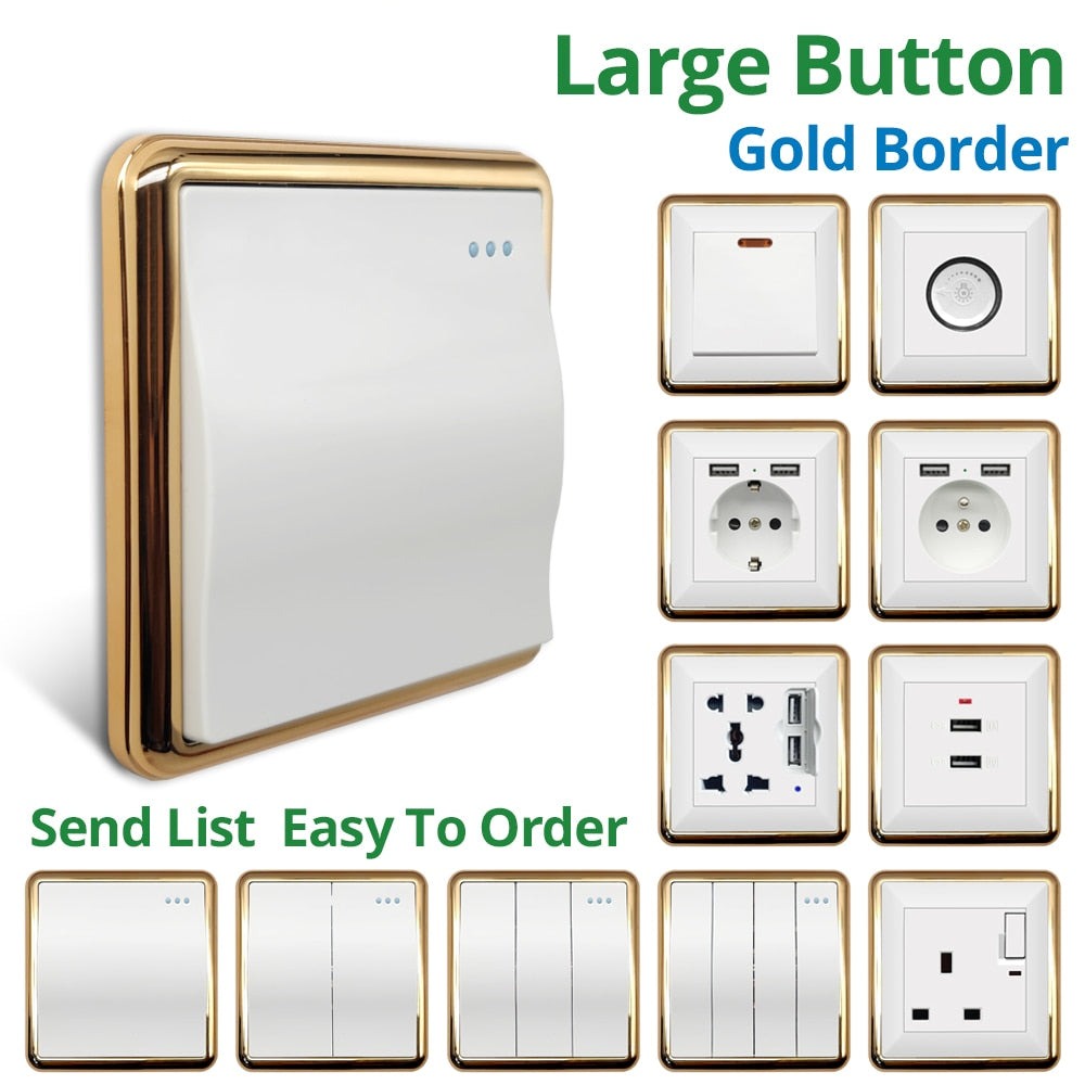 Jamil Wallpad White-Button Gold Border Wall EU UK Electrical Outlets And 1/2/3/4 Gang 1 2 3 Way Light Switches 110 220V