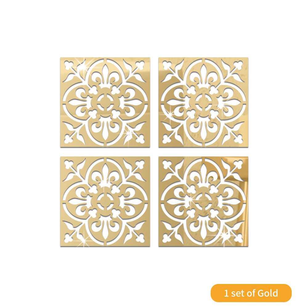 4Pcs Gold Flower 3D Mirror Wall Stickers Furniture Wallpaper Home Decor