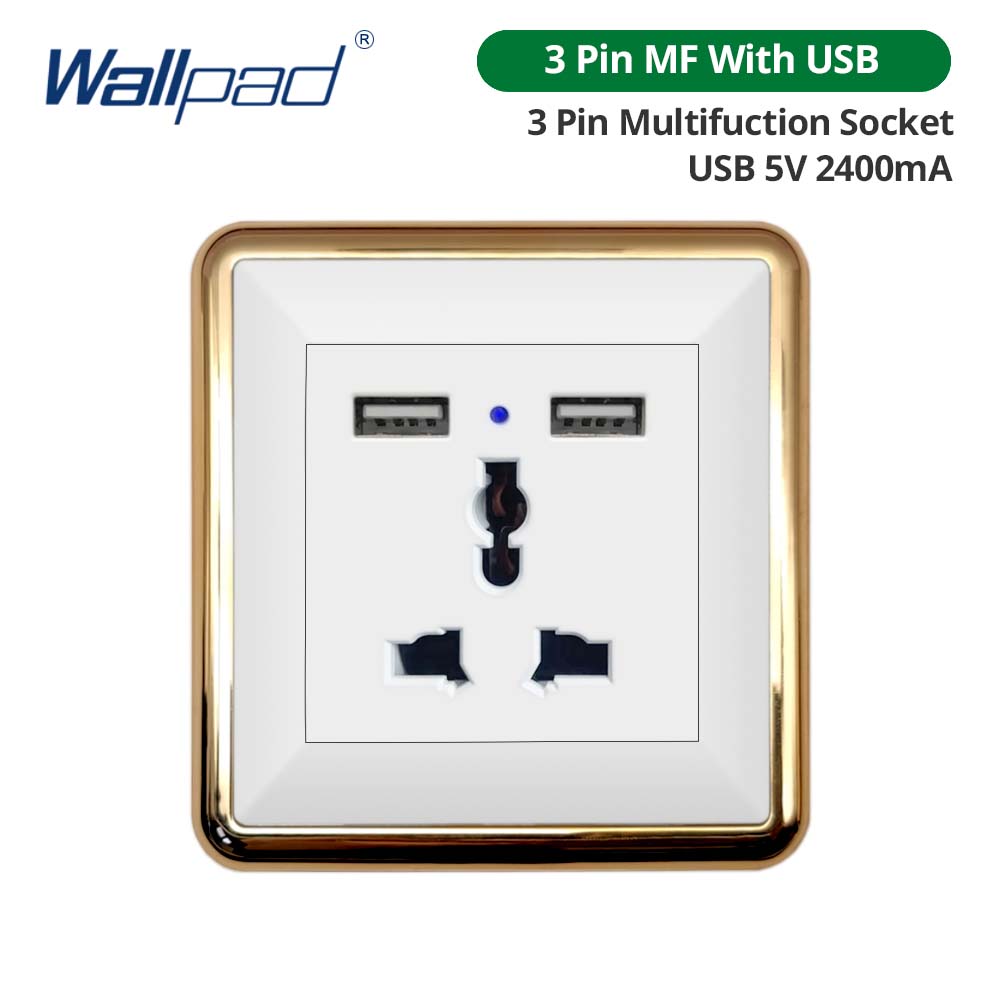 Jamil Wallpad White-Button Gold Border Wall EU UK Electrical Outlets And 1/2/3/4 Gang 1 2 3 Way Light Switches 110 220V