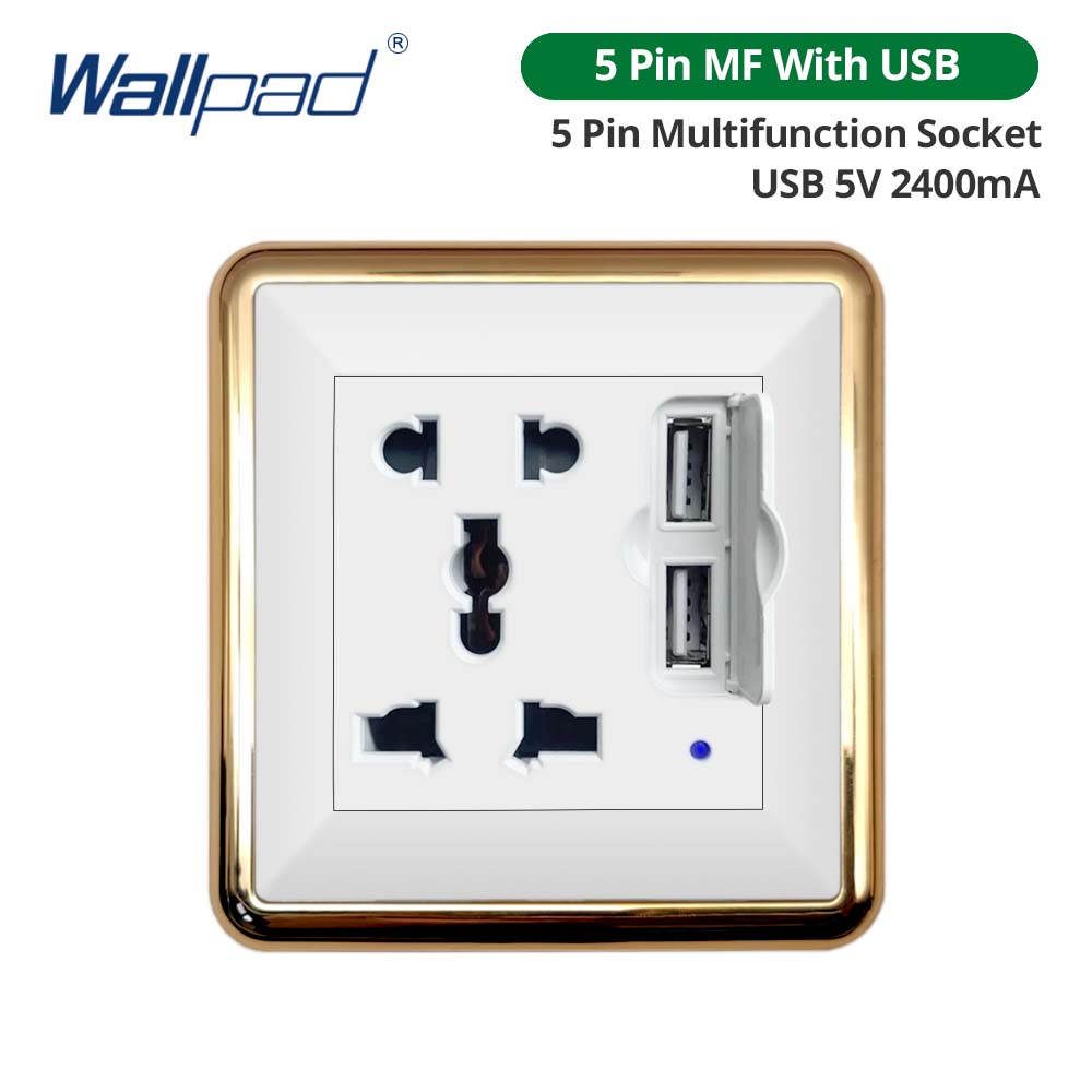 Jamil Wallpad White-Button Gold Border Wall EU UK Electrical Outlets And 1/2/3/4 Gang 1 2 3 Way Light Switches 110 220V