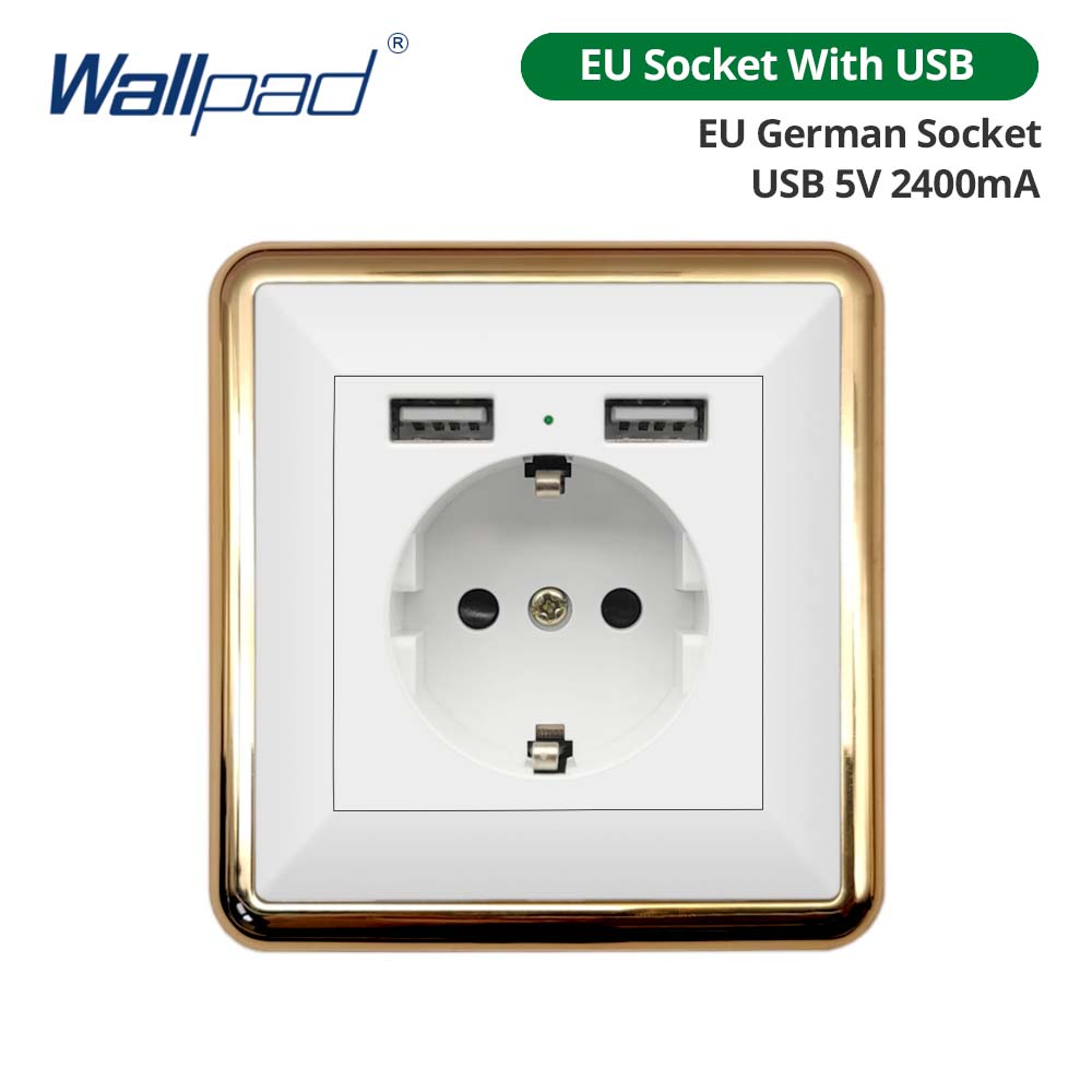 Jamil Wallpad White-Button Gold Border Wall EU UK Electrical Outlets And 1/2/3/4 Gang 1 2 3 Way Light Switches 110 220V