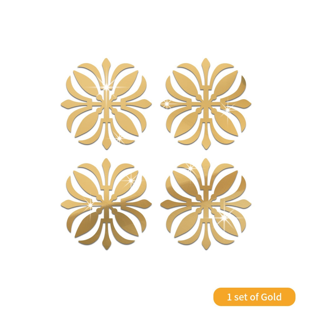 4Pcs Gold Flower 3D Mirror Wall Stickers Furniture Wallpaper Home Decor