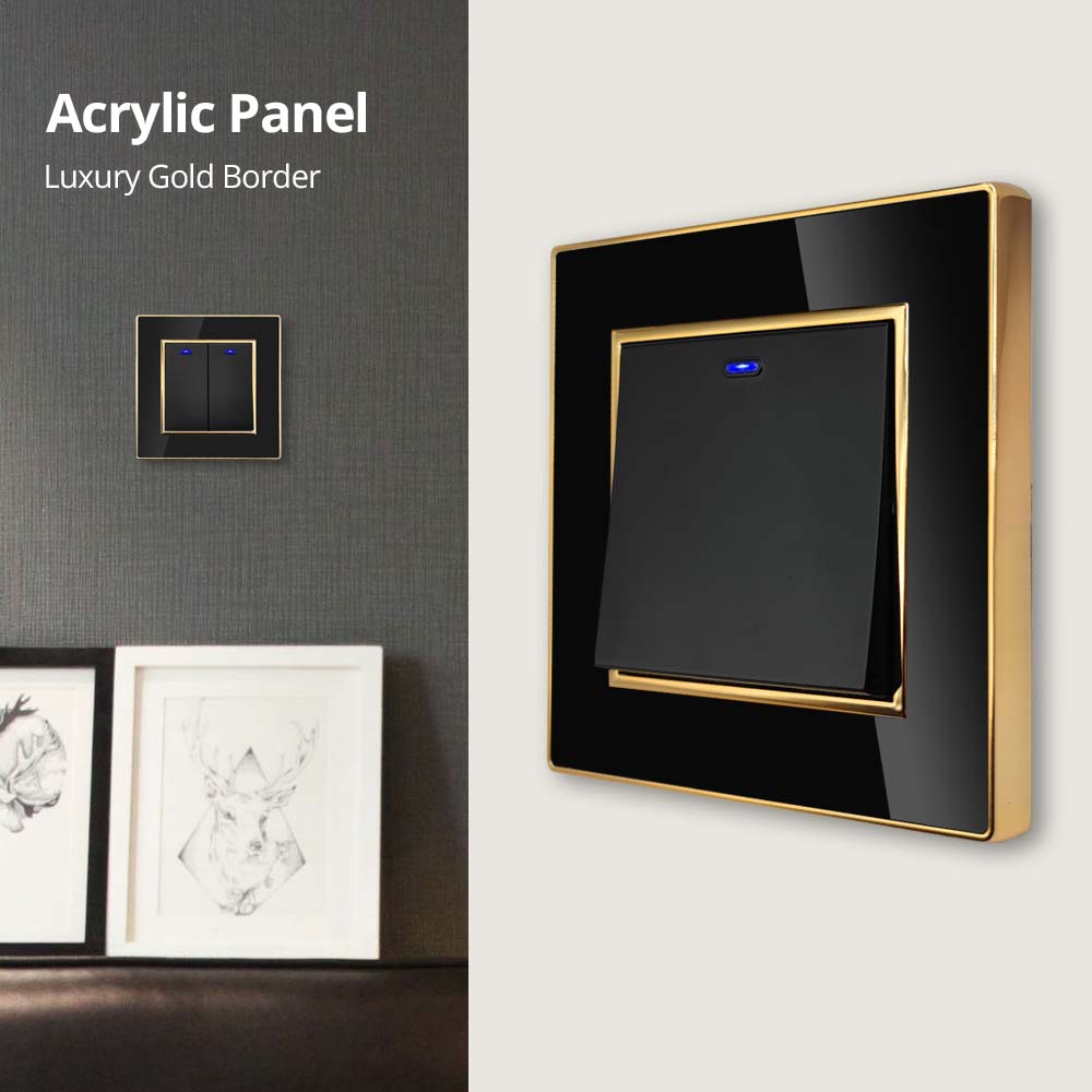 Jamil Wallpad EU- USB Black Acrylic Panel With Gold Border 2 Way Wall Light Switch With LED Motion Sensor