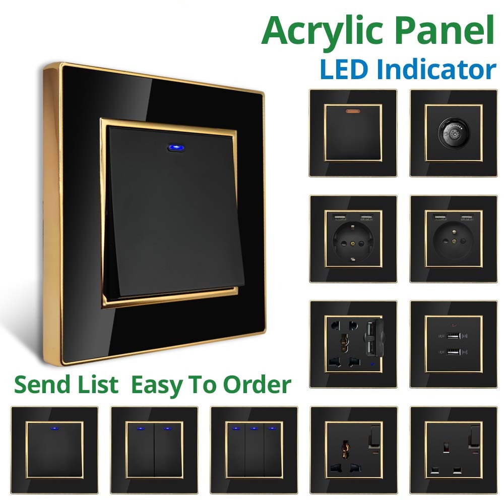Jamil Wallpad EU- USB Black Acrylic Panel With Gold Border 2 Way Wall Light Switch With LED Motion Sensor