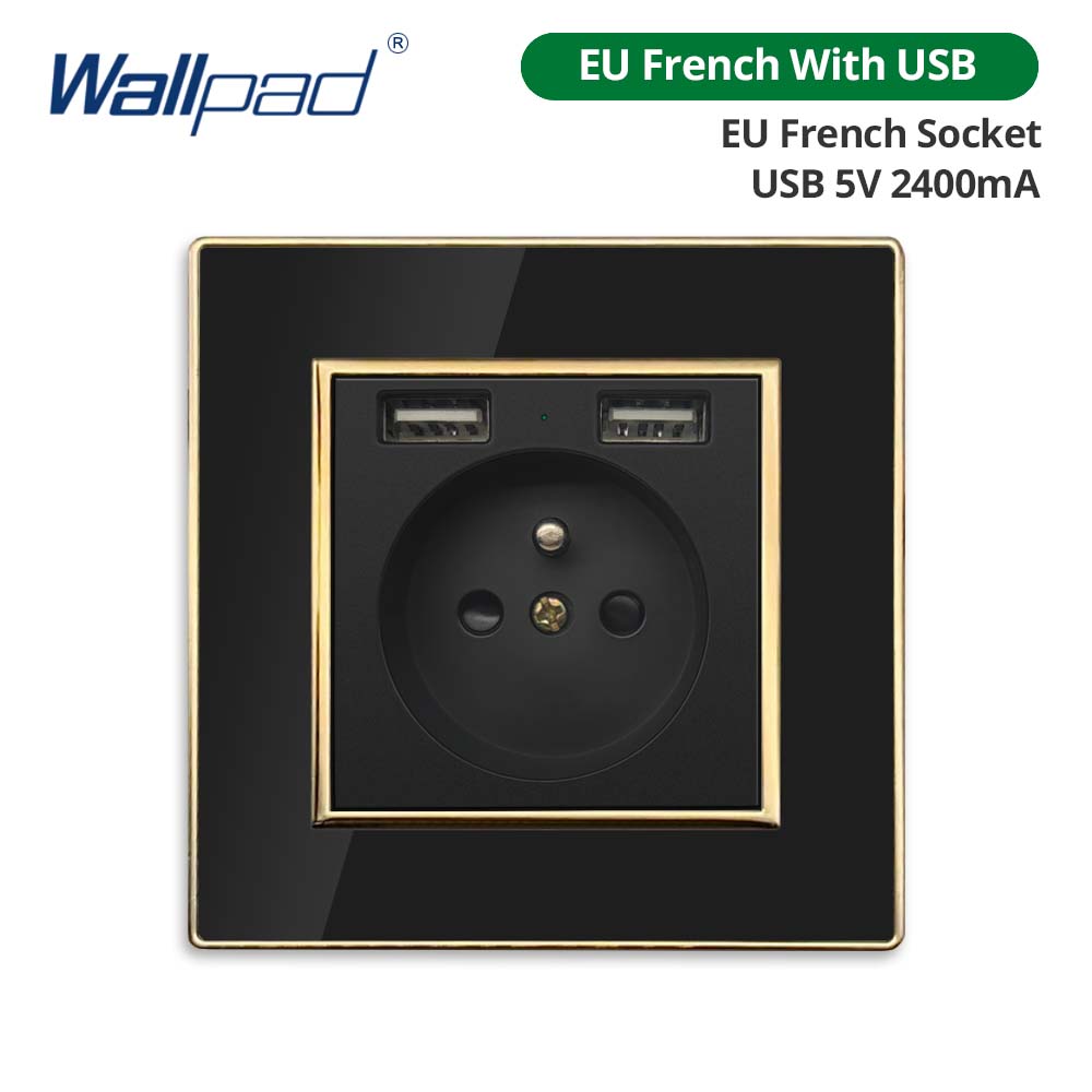 Jamil Wallpad EU- USB Black Acrylic Panel With Gold Border 2 Way Wall Light Switch With LED Motion Sensor