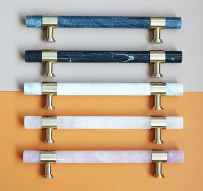 Layla Handle - Natural Marble/Crystal + brass T Handles Luxury