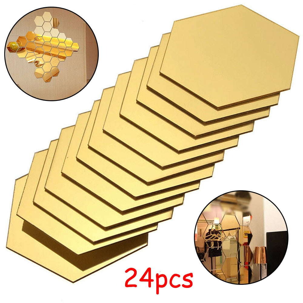 24pcs Hexagon Mirror Sticker Gold